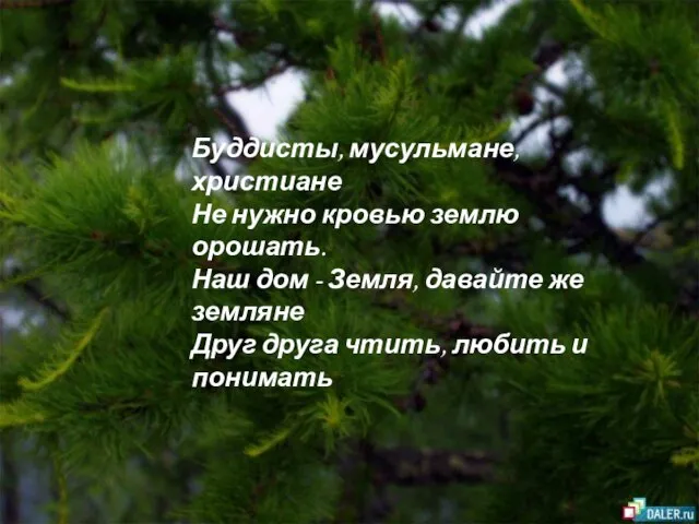 Буддисты, мусульмане, христиане Не нужно кровью землю орошать. Наш дом -