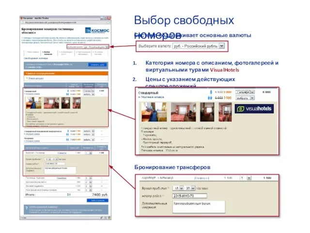 Выбор свободных номеров Система поддерживает основные валюты Категория номера с описанием,