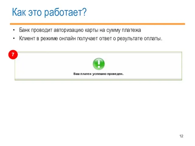 Как это работает? Банк проводит авторизацию карты на сумму платежа Клиент