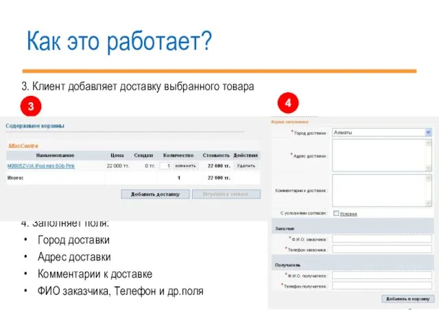 Как это работает? 3. Клиент добавляет доставку выбранного товара 4. Заполняет