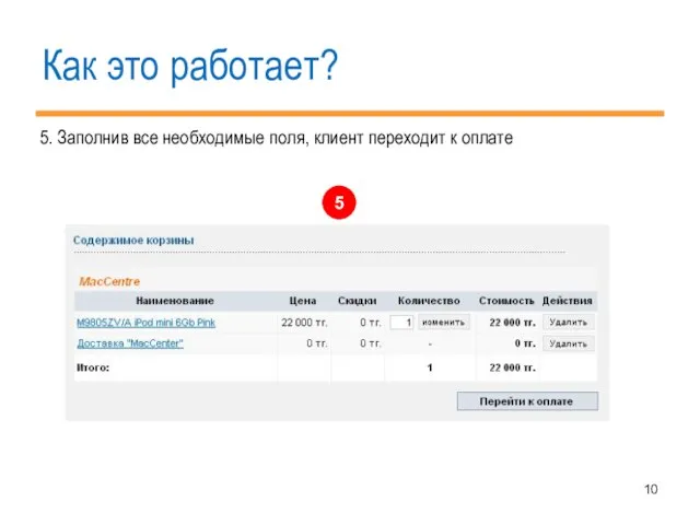 Как это работает? 5. Заполнив все необходимые поля, клиент переходит к оплате 5