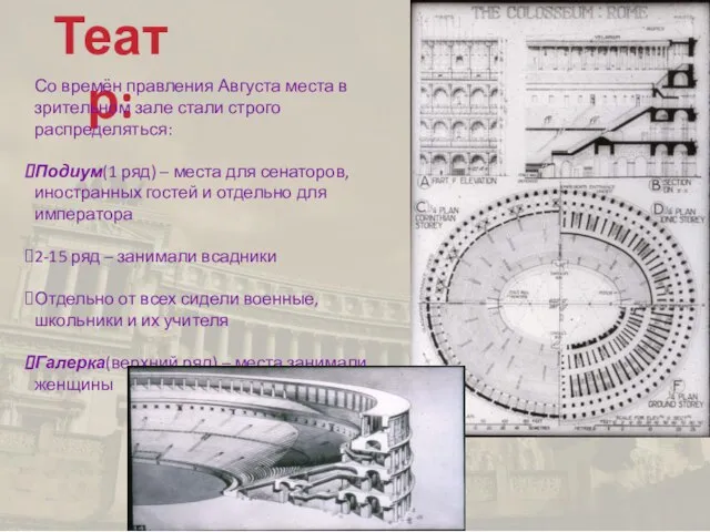 Театр: Со времён правления Августа места в зрительном зале стали строго