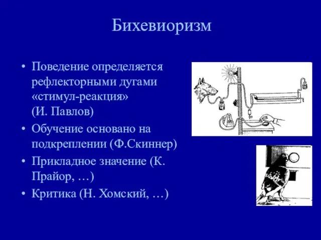 Бихевиоризм Поведение определяется рефлекторными дугами «стимул-реакция» (И. Павлов) Обучение основано на