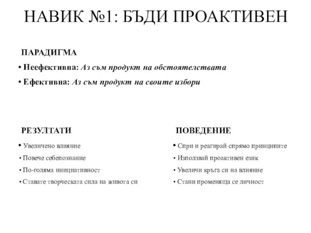 НАВИК №1: БЪДИ ПРОАКТИВЕН ПАРАДИГМА Неефективна: Аз съм продукт на обстоятелствата