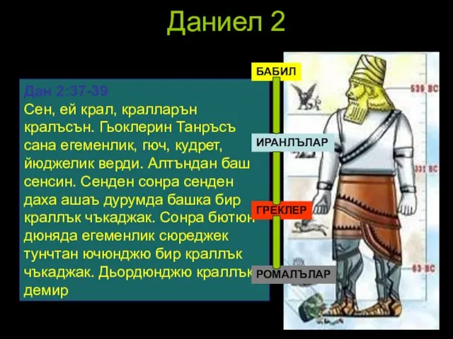 Даниел 2 Дан 2:37-39 Сен, ей крал, кралларън кралъсън. Гьоклерин Танръсъ