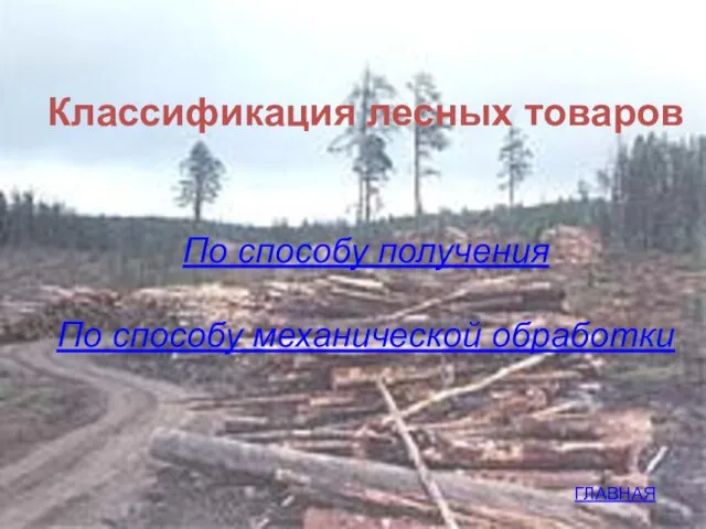 Классификация лесных товаров По способу получения По способу механической обработки ГЛАВНАЯ