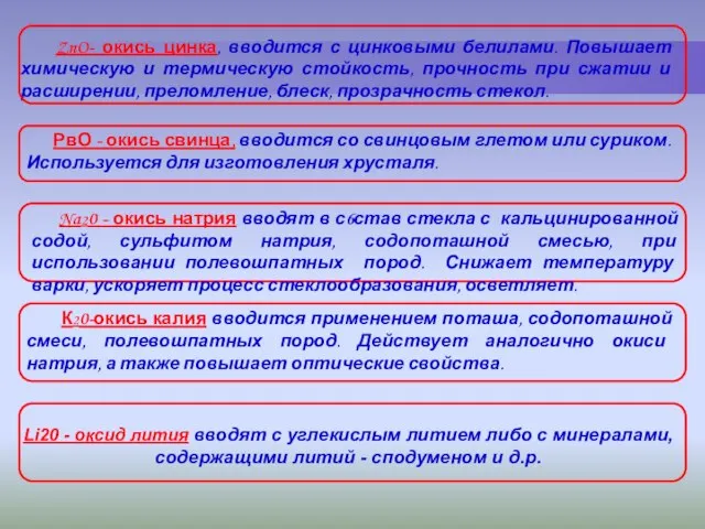 ZnO- окись цинка, вводится с цинковыми белилами. Повышает химическую и термическую