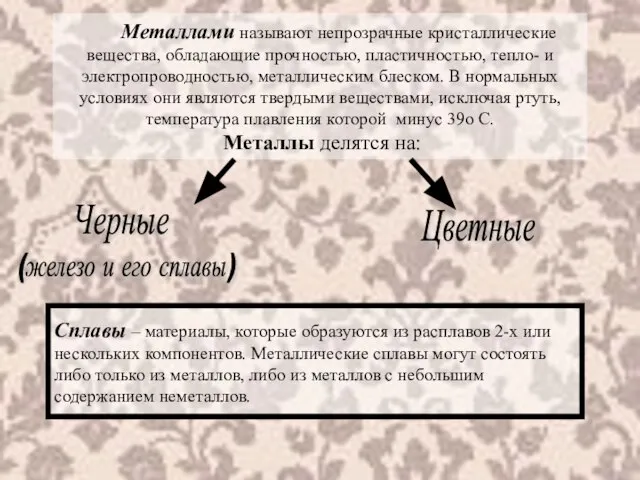 Металлами называют непрозрачные кристаллические вещества, обладающие прочностью, пластичностью, тепло- и электропроводностью,