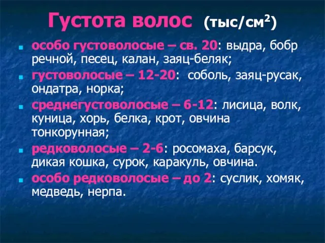 Густота волос (тыс/см2) особо густоволосые – св. 20: выдра, бобр речной,