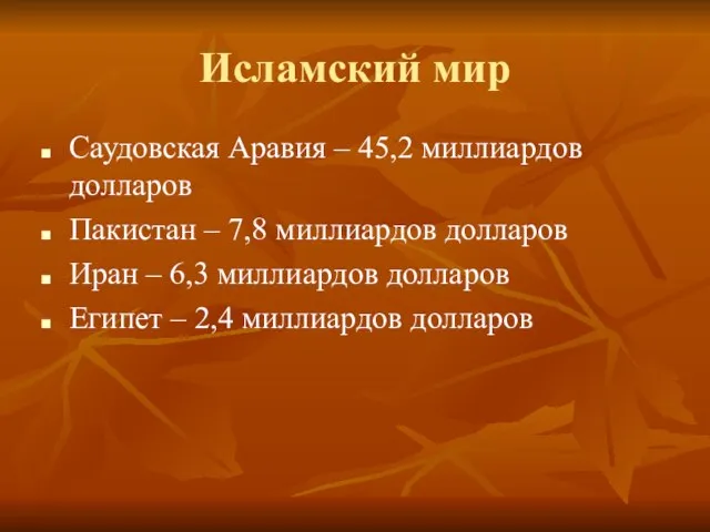 Исламский мир Саудовская Аравия – 45,2 миллиардов долларов Пакистан – 7,8