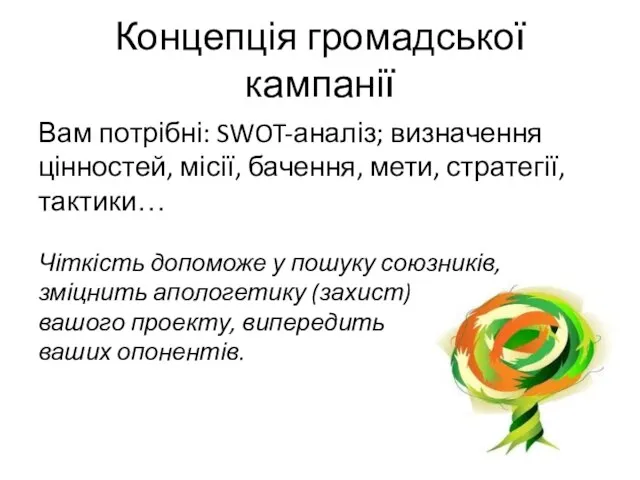 Концепція громадської кампанії Вам потрібні: SWOT-аналіз; визначення цінностей, місії, бачення, мети,