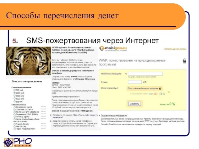 Способы перечисления денег SMS-пожертвования через Интернет