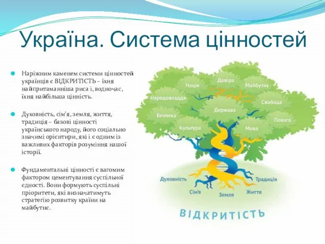 Україна. Система цінностей Наріжним каменем системи цінностей українців є ВІДКРИТІСТЬ –