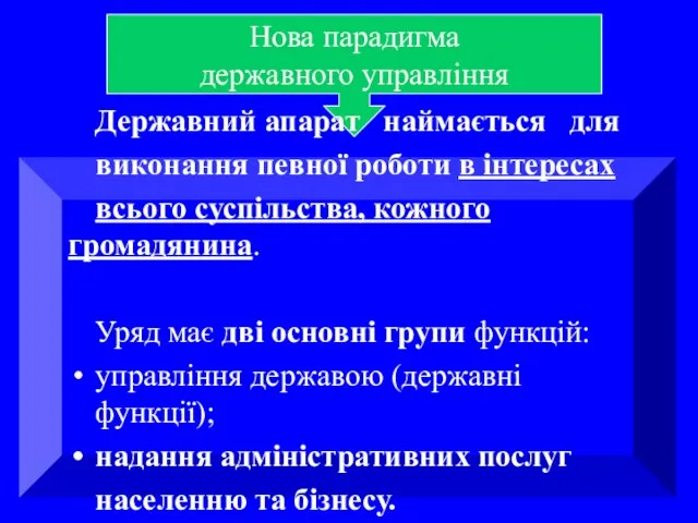 . Нова парадигма державного управління Державний апарат наймається для виконання певної