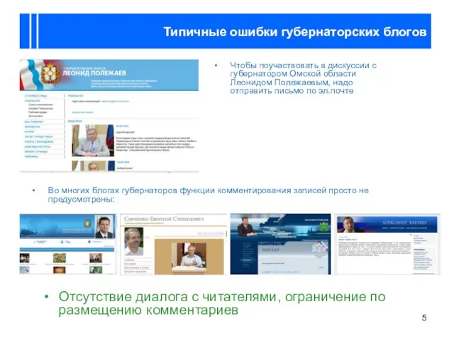 Типичные ошибки губернаторских блогов Отсутствие диалога с читателями, ограничение по размещению