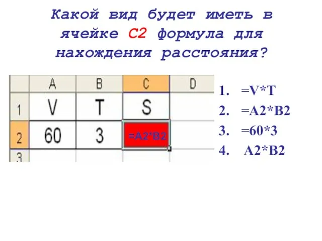 Какой вид будет иметь в ячейке С2 формула для нахождения расстояния? =V*T =A2*B2 =60*3 A2*B2 =A2*B2