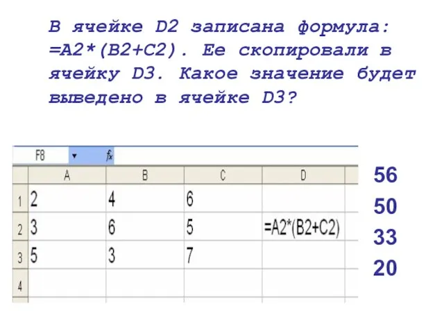 В ячейке D2 записана формула: =A2*(B2+C2). Ее скопировали в ячейку D3.