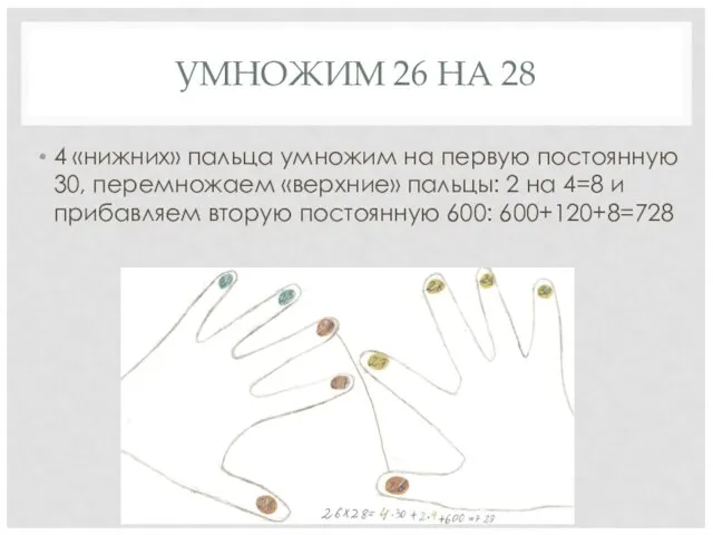 УМНОЖИМ 26 НА 28 4 «нижних» пальца умножим на первую постоянную