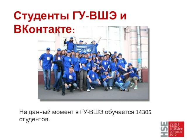 На данный момент в ГУ-ВШЭ обучается 14305 студентов. Студенты ГУ-ВШЭ и ВКонтакте: