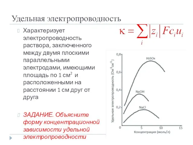 Удельная электропроводность Характеризует электропроводность раствора, заключенного между двумя плоскими параллельными электродами,