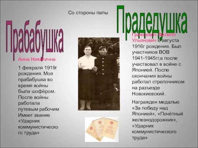 Прадедушка Со стороны папы Прабабушка Анна Никитична 1 февраля 1919г рождения.