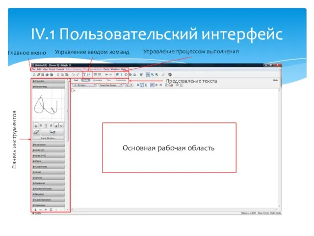 IV.1 Пользовательский интерфейс Основная рабочая область Главное меню Управление вводом команд