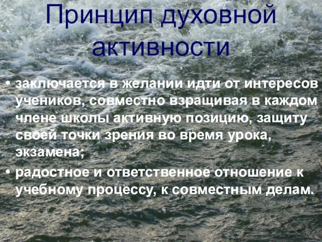 Принцип духовной активности заключается в желании идти от интересов учеников, совместно