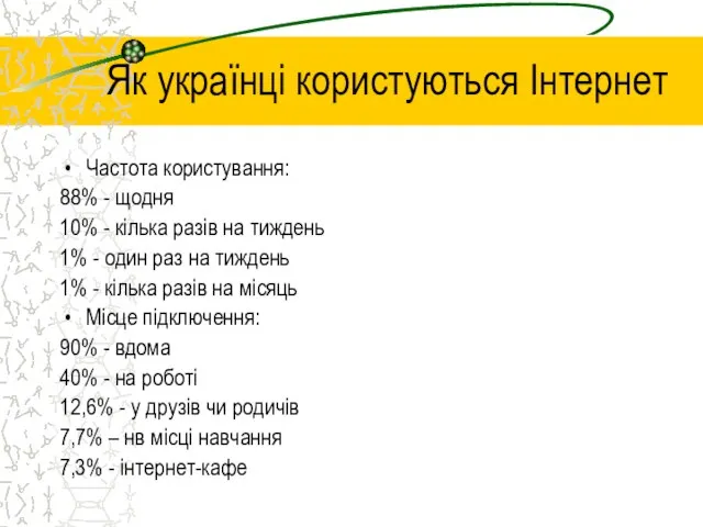 Як українці користуються Інтернет Частота користування: 88% - щодня 10% -