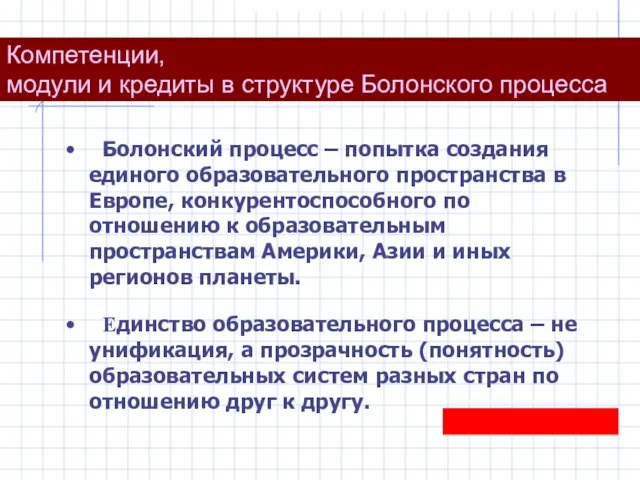 Компетенции, модули и кредиты в структуре Болонского процесса Болонский процесс –