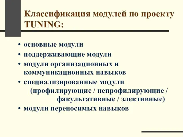 Классификация модулей по проекту TUNING: основные модули поддерживающие модули модули организационных