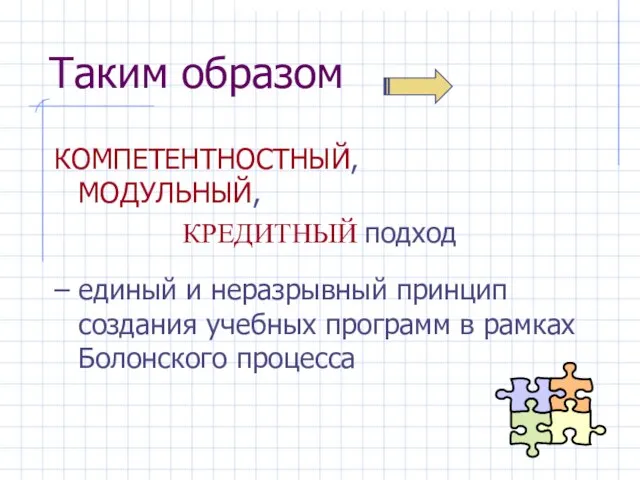 Таким образом КОМПЕТЕНТНОСТНЫЙ, МОДУЛЬНЫЙ, КРЕДИТНЫЙ подход – единый и неразрывный принцип