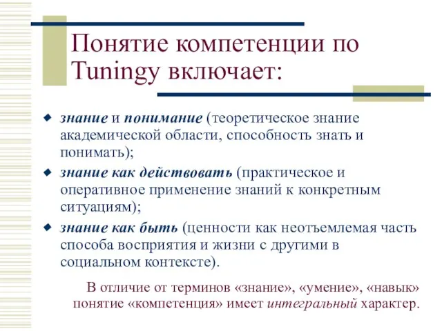 Понятие компетенции по Tuningу включает: знание и понимание (теоретическое знание академической