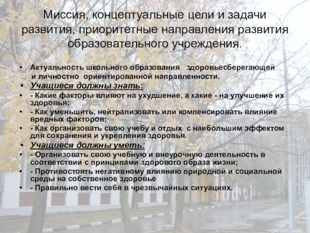 Миссия, концептуальные цели и задачи развития, приоритетные направления развития образовательного учреждения.