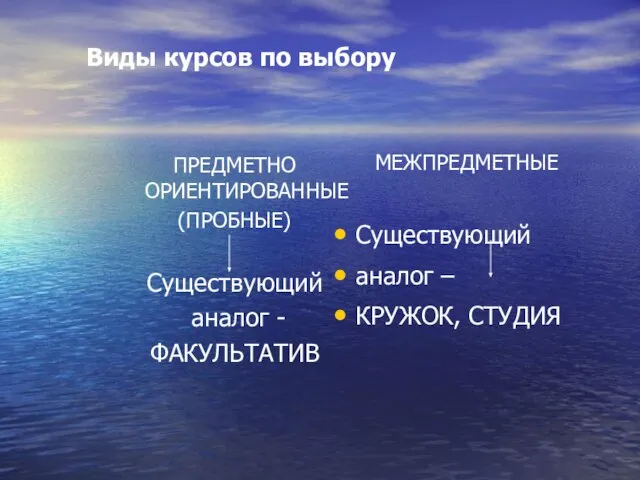 Виды курсов по выбору ПРЕДМЕТНО ОРИЕНТИРОВАННЫЕ (ПРОБНЫЕ) Существующий аналог - ФАКУЛЬТАТИВ