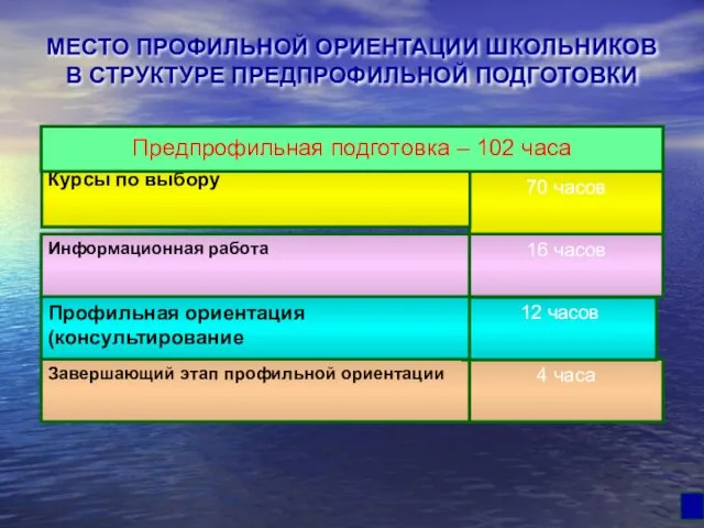 МЕСТО ПРОФИЛЬНОЙ ОРИЕНТАЦИИ ШКОЛЬНИКОВ В СТРУКТУРЕ ПРЕДПРОФИЛЬНОЙ ПОДГОТОВКИ 4 часа Завершающий