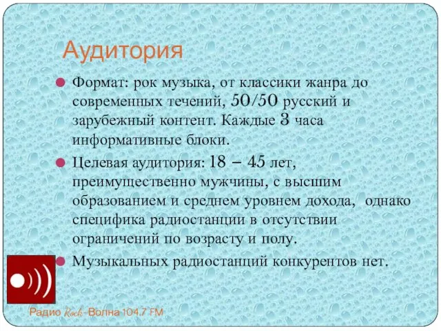 Аудитория Формат: рок музыка, от классики жанра до современных течений, 50/50