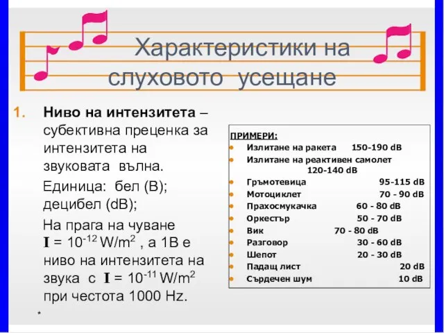 Характеристики на слуховото усещане Ниво на интензитета – субективна преценка за