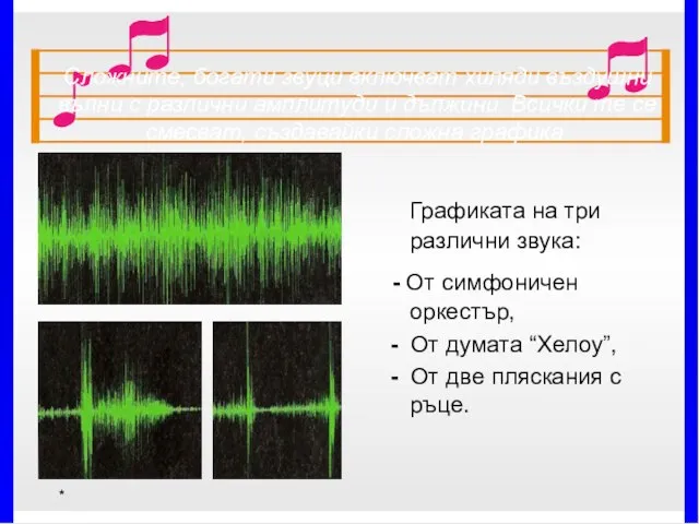 * Сложните, богати звуци включват хиляди въздушни вълни с различни амплитуди