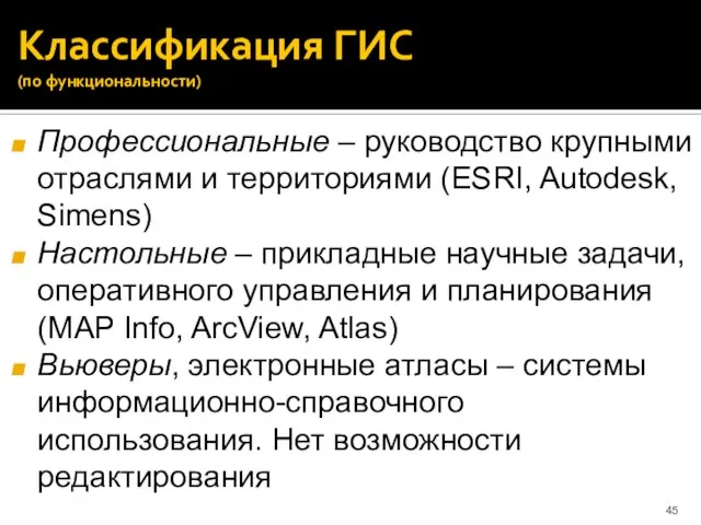 Классификация ГИС (по функциональности) Профессиональные – руководство крупными отраслями и территориями