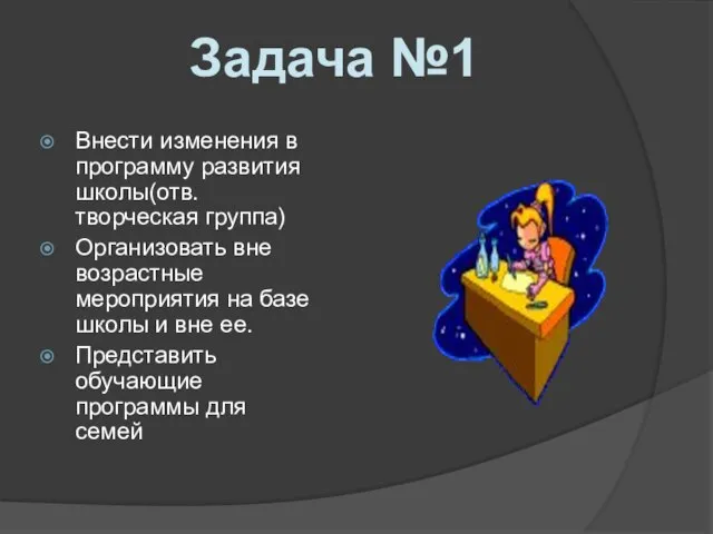 Внести изменения в программу развития школы(отв. творческая группа) Организовать вне возрастные