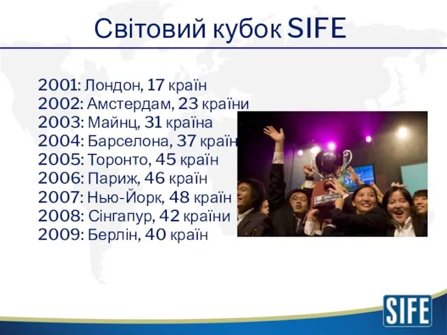 Світовий кубок SIFE 2001: Лондон, 17 країн 2002: Амстердам, 23 країни