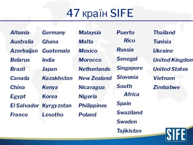 47 країн SIFE Albania Australia Azerbaijan Belarus Brazil Canada China Egypt