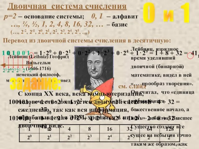 Двоичная система счисления p=2 – основание системы; 0, 1 – алфавит