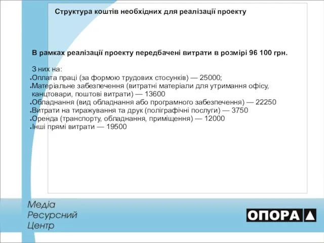 Структура коштів необхідних для реалізації проекту В рамках реалізації проекту передбачені