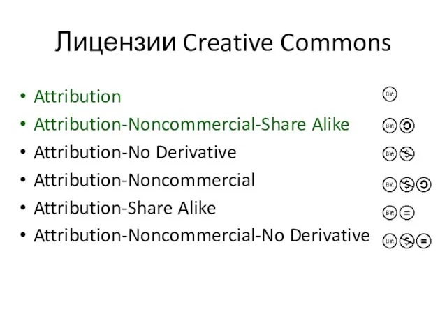 Лицензии Creative Commons Attribution Attribution-Noncommercial-Share Alike Attribution-No Derivative Attribution-Noncommercial Attribution-Share Alike Attribution-Noncommercial-No Derivative