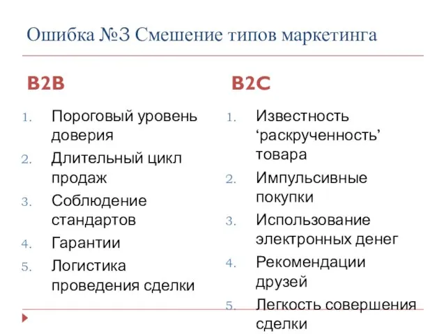 Ошибка №3 Смешение типов маркетинга B2B B2C Пороговый уровень доверия Длительный