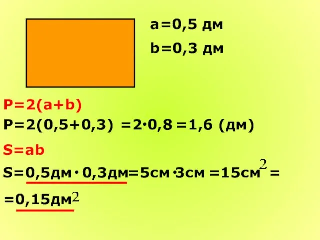 а=0,5 дм b=0,3 дм Р=2(а+b) Р=2(0,5+0,3) ● S=ab S=0,5дм 0,3дм ●