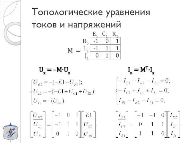 Топологические уравнения токов и напряжений M = Uх = –M·Uв Iв = MT·Iх