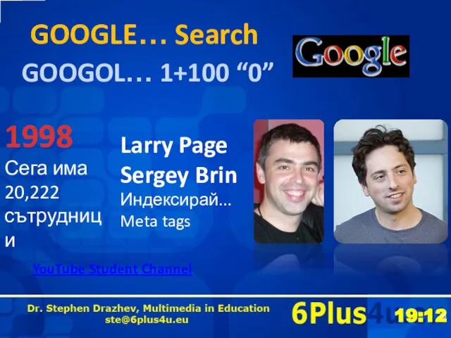 GOOGLE… Search 1998 Сега има 20,222 сътрудници Larry Page Sergey Brin
