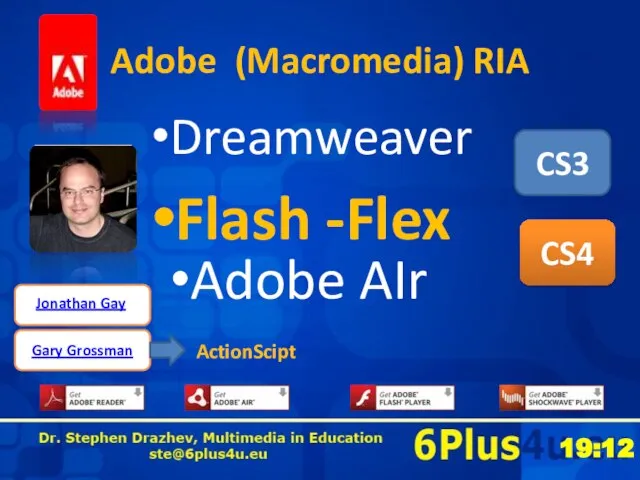 Adobe (Macromedia) RIA Dreamweaver Flash -Flex Adobe AIr CS3 CS4 Jonathan Gay Gary Grossman ActionScipt